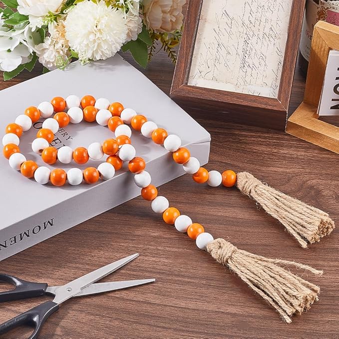 CREATCABIN 42 Inch Wood Bead Garland Decor Rustic Country Farmhouse Boho Home Orange White Wooden Beads Tassel Wall Hanging Ornaments for Coffee Table Wall Shelf Tray Vase Living Room Bedroom