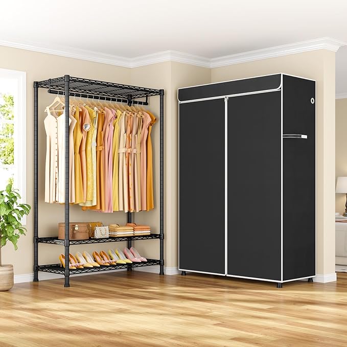 H5C Plus Clothes Rack with Cover, Portable Closet for Hanging Clothes, Covered Clothing Racks Heavy Duty, 3-Tiers Garment Rack with Shelves Max Load 370LBS Black Closet Rack with Black Cover