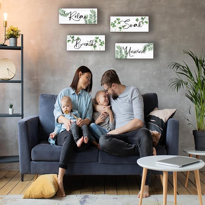 4 Pcs Farmhouse Bathroom Wall Decors Relax Soak Unwind Breathe Wooden Word Sign Green Hanging Wall Art Rustic Office Wall Decor for Bedroom Living Room Vintage Decorations(Green Leaves 10X4 Inch)
