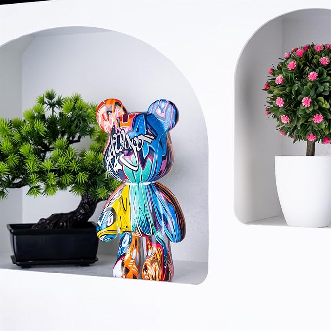 Graffiti Bear Statue, Resin Animal Sculpture Home Decor, Art Figurine Home Ornament Decoration for Office, Living Room, Bedroom, Book Shelf, TV Cabinet, Desktop