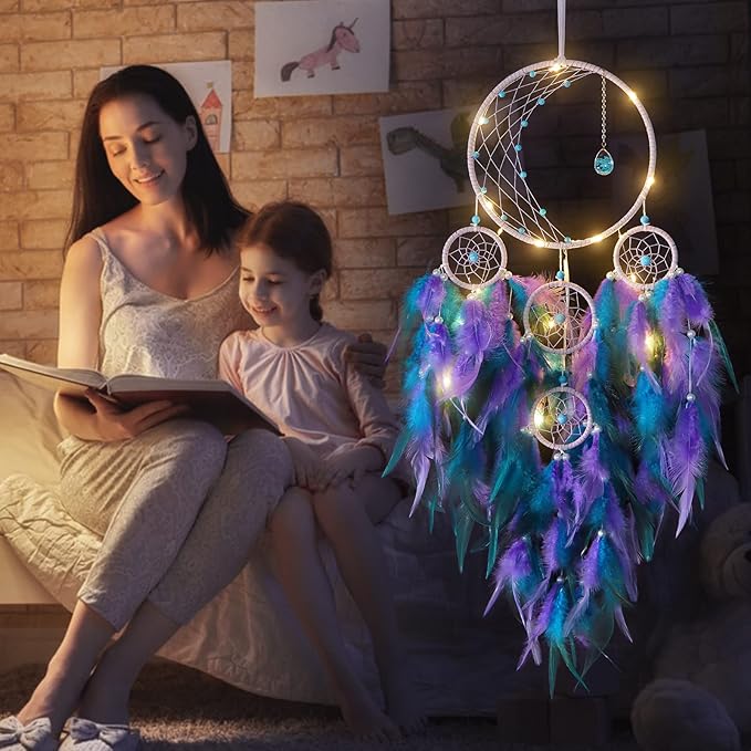 KHOYIME LED Light Up Dream Catcher Half Circle Moon Decor with Lights Handmade Feather Dreamcatchers for Bedroom Bohemian Home Decor Wedding Ornament Craft Gift (Purple&Blue)