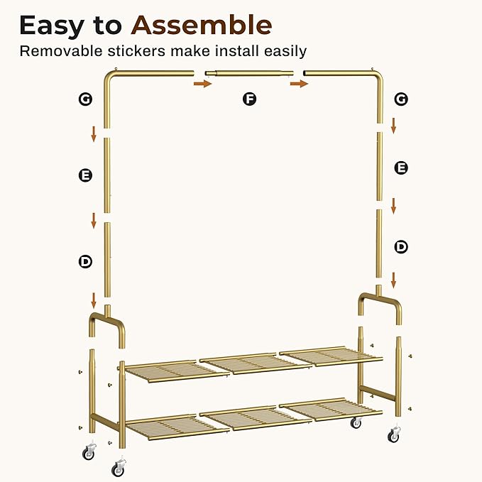 MISSLO Heavy Duty Clothes Rack with Shelves 46.5" Large Rolling Clothing Racks for Hanging Clothes, Garment, Coat, Gold