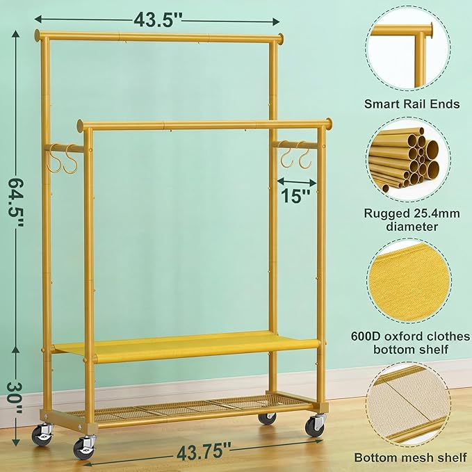Double Rods Clothes Rack for Hanging Clothes, Heavy Duty Rolling Clothing Rack with Wheels, Freestanding Garment Racks with Oxford Bottom Shelf and Mesh Bottom Shelf for Bedroom Laundry Living Room