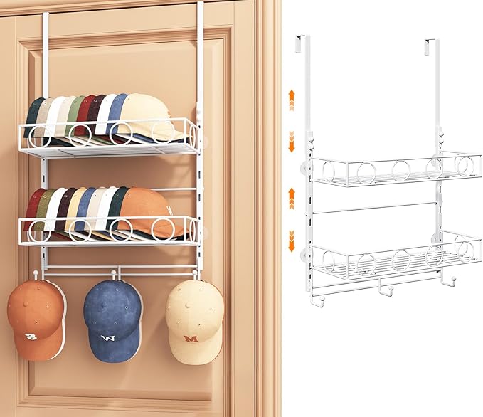 Over Door Hat Organizer 3 Tier Wall Mounted Hat Rack with 2 Adjustable Metal Basket and 3 Hooks Hat Organizer for Baseball caps Hat Hanger Holder Display for Door Closet, Cap Organizer Storage