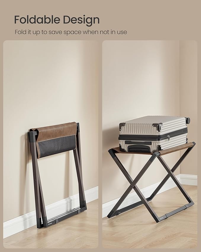 SONGMICS Luggage Racks, Set of 2 Foldable Suitcase Stands, Metal Luggage Holders, Synthetic Leather, Easy to Assemble, for Guest Room, Hotel, Bedroom, Walnut Brown and Ink Black URLR010K02