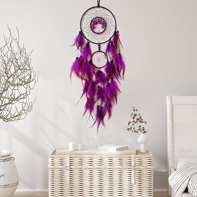 Purple Dream Catcher Wall Decor Crystal Tree of Life Dream Catchers Handmade Feather Dreamcatcher Wall Hanging Ornament for Bedroom Living Room Home Decor