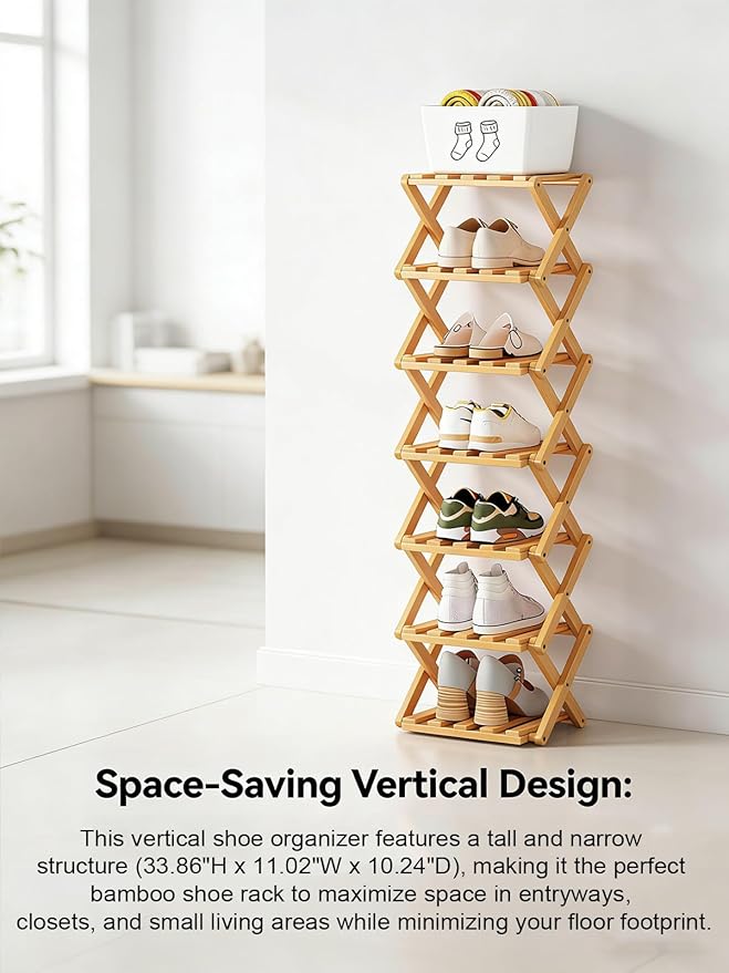 The 9-Tier No-Assembly Bamboo Rack, New Upgrade 9 Tier Bamboo Shoe Rack, Space-Saving Tall Narrow Accordion Shoe Rack for Entryway Closet Dorm (Natural-8)