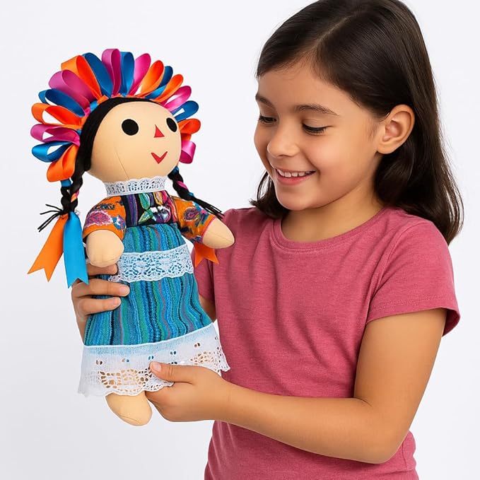San Rafael Arcangel Mexican Lele Doll Muneca Mexicana de Trapo Artesanal Handmade Rag Doll Made with Traditional Colorful Ribbons Premium Quality Gift Colors May Vary 13 inch