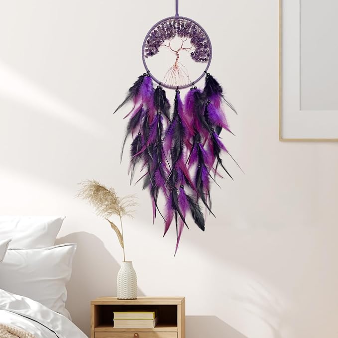 Black and Purple Dream Catcher Wall Decor Crystal Tree of Life Dream Catchers Handmade Feather Dreamcatcher Wall Hanging Ornament for Bedroom Living Room Home Decor