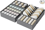 Drawer Organizer Clothes Set, 4 Pack Foldable Dresser Closet Dividers (6/8/7/24-Cell), Non-Woven Underwear & Sock Drawer Organizer, Bra/Tie/Belt Storage Bins (Dark Grey)