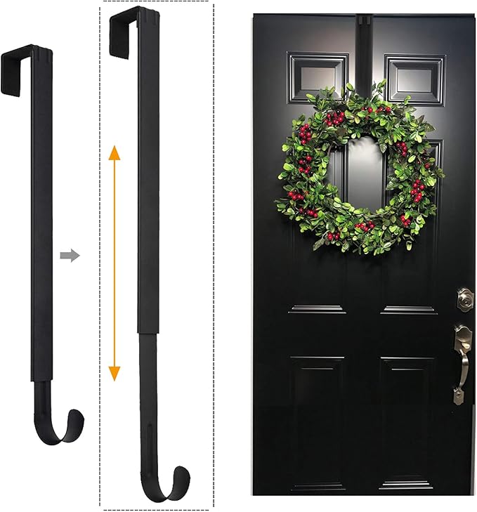 Wreath Hanger, Adjustable Over The Door Wreath Hanger from 14.9 to 25 Inches & Wreath Holder & Wreath Door Hanger for Front Door Decor 20 lbs Larger Christmas Decorations Hook (Black)