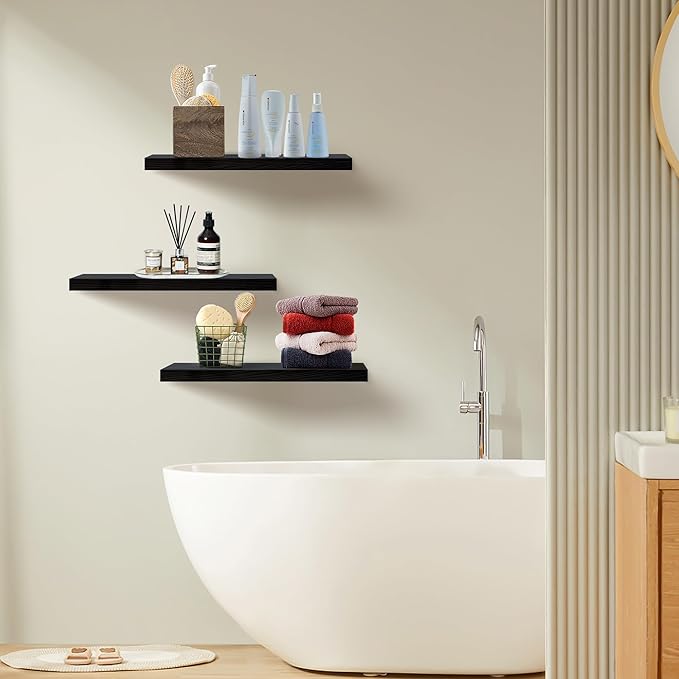 Upassion Floating Shelves for Wall Set of 3, 36" Black Wall Shelves for Home Decor, Frame Display Black Floating Shelf for Living Room, Bedroom, Bathroom, Kitchen