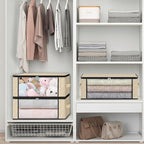 HomeHacks Storage 4-Pack Clothes Organizer Storage Bags Foldable Storage Box with Large Clear Window Sturdy Handles for Closet, Dorm, Pillows, Bedding, Clothes, Blankets, 35L, Beige