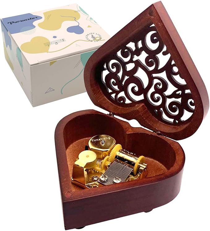 Pursuestar Beauty and The Beast Music Box, Heart Shaped Vintage Wood Mechanism Wind Up Musical Box Gift for Birthday Valentine