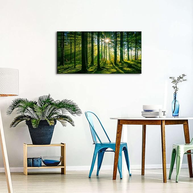 Forest Canvas Wall Art Green Mountain Wall Decor Tree Forest Landscape Prints Pictures Nature Woodland Sunrise Scenery Posters Paintings Modern Artwork for Living Room Bedroom Home Decorations 24x48”