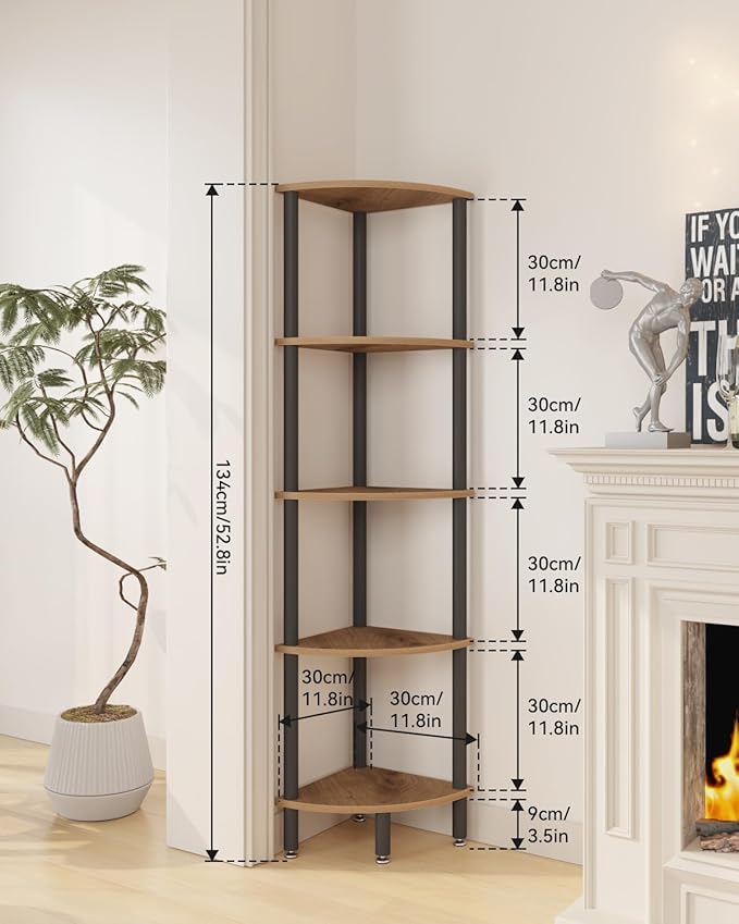 IBUYKE 5 Tier Corner Shelf Stand,Industrial Corner Display Rack,Corner Bookshelf for Living Room, Bedroom, Kitchen, Home Office, Oak WBC010K
