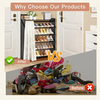 Easy Install Wooden Shoe Rack with Privacy Curtain - 6-Tier Foldable Shoe Storage Organizer, Unfold & Tighten to Use, Sturdy Wood Shoe Shelf for Closet Entryway Hallway Small Space