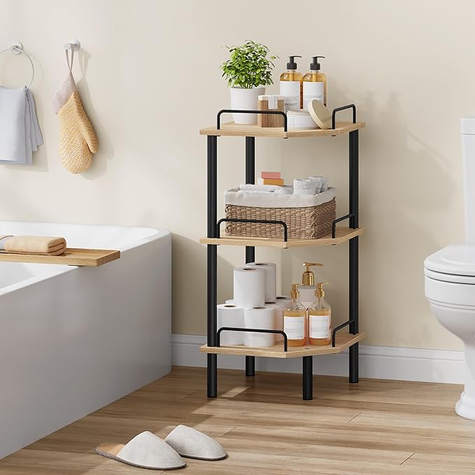 Tajsoon Corner Shelf Stand, 3 Tier Industrial Corner Shelves, Multipurpose Standing Display Shelf, Corner Shelving Unit for Bedroom, Living Room, Office, Kitchen, Natural