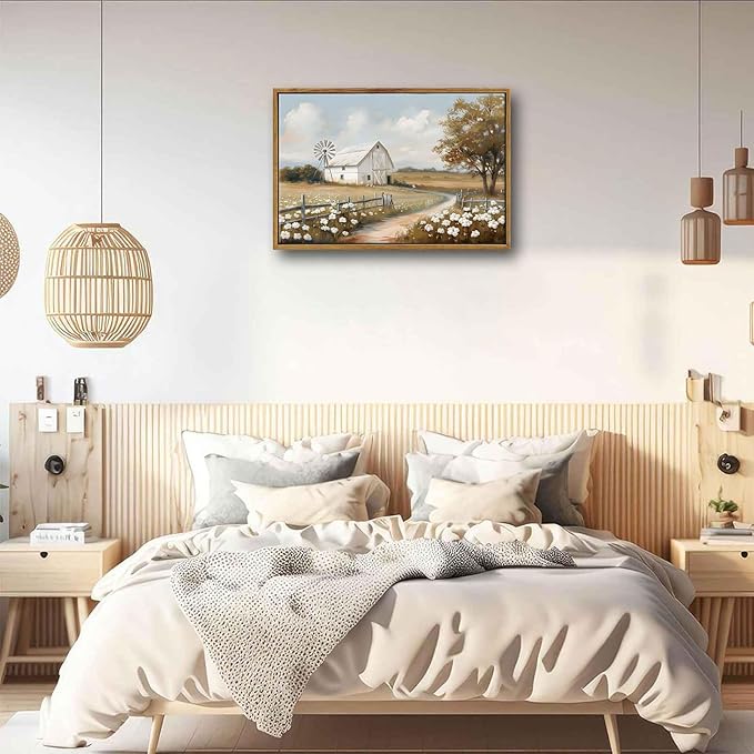 Framed Barn Canvas Wall Art Farmhouse Rustic Decor Pictures Farm Windmill Countryside Nature Field Meadow Flower Posters Prints for Home Decoration Bathroom Bedroom Living Room Decoration