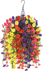 Homsunny Artificial Fake Hanging Flowers Plants Baskets for Outdoor Spring Decoration, Faux Morning Glory Silk Flower for Outside Realise UV Resistant Patio Yard Porch Balcony Home Decor (Mixed 1)