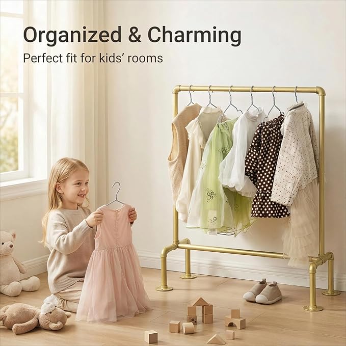 Kids Pipes Dress up Racks, Kids Clothing Racks, Child Garment Racks, Hanging Clothes Rod Storage Shelf Organizers Shelves Shelving, Gold Metal
