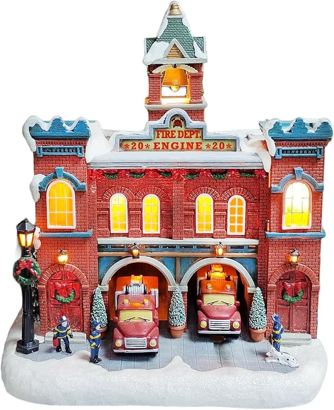 MOMENTS IN TIME Vintage Fire Department Christmas Village 12.2” LED Lights, Music & Moving Fire Trucks, Polyresin Lighted Holiday Building, Adapter Operated Holiday Decoration