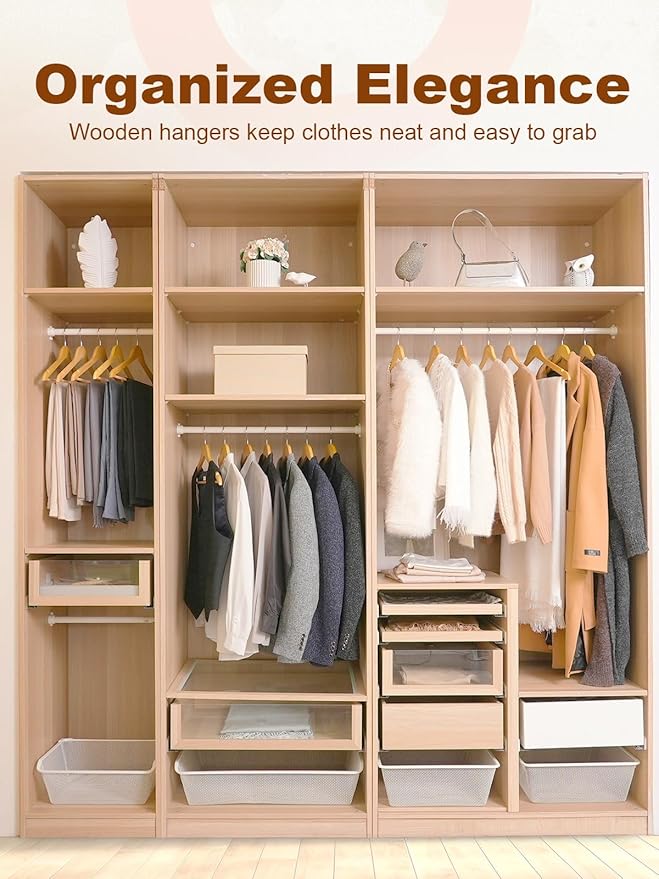 HOUSE DAY Wooden Hangers 30 Pack, Solid Wood Clothes Hangers with Non Slip Pant Bar, Heavy Duty Wooden Coat Hanger for Closet, Smooth Finish Wood Hangers for Shirts, Suits Jackets, Dress, Natural