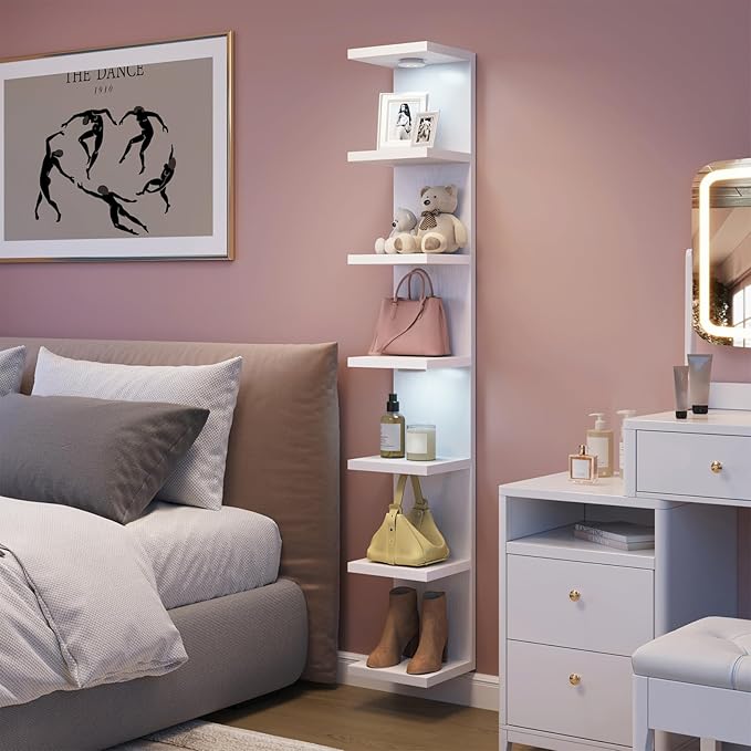 Fixwal Wall Decor 7 Tier Wall Shelf Unit Floating Shelves with LED Lights Lack Shelf for Home Organizer Display White