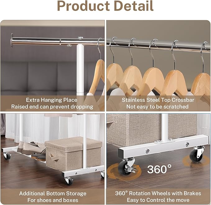 Clothes Rack, 130LB Capacity Heavy Duty Clothing Rack with Wheels and Bottom Shelf, 52.17 Inch Rolling Racks for Hanging Clothes, Coats, Shirts, Sweaters, Skirts, Dress, White
