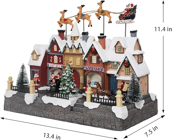 MUMTOP Christmas Village House with Flying Reindeer, Light Up Animated Town Building with Santa Sleigh for Indoor Holiday Xmas Tabletop Decor