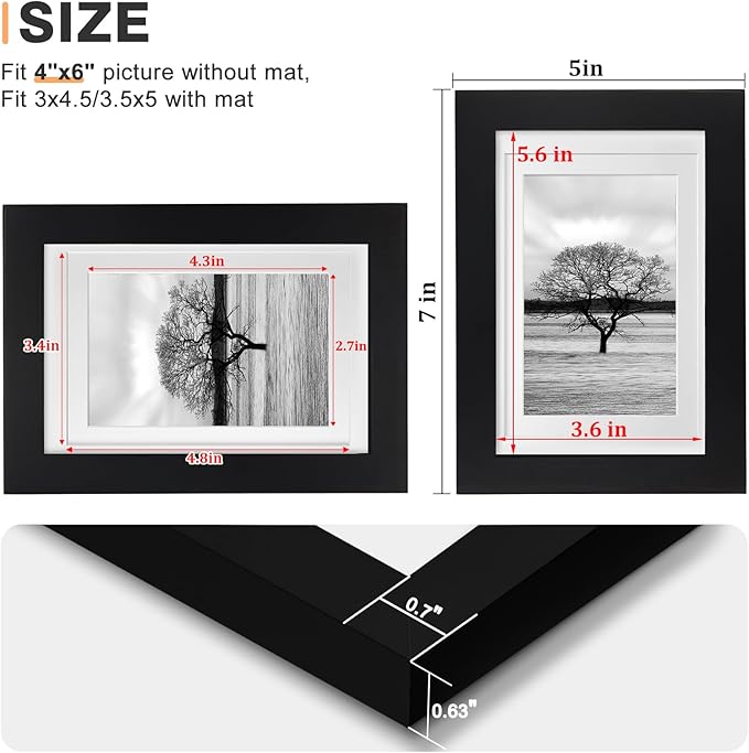 Egofine 4x6 Picture Frames Set of 4, Made of Solid Wood Covered by Plexiglass 3x4.5 and 3.5x5 with Mat or 4x6 without Mat, for Table Top Display and Wall Mounting Photo Frame Black