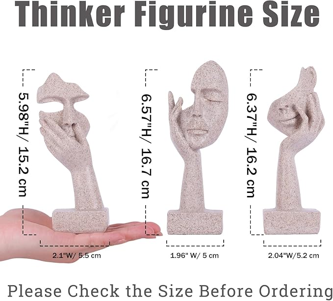 3 Pcs Thinker Small Statue Set - Art Resin Abstract Home Accent Figurines for Decor Woman Apartment Bookshelf Floating Shelf Coffee Table Office Desk Counter Decor (3 Pcs Sandstone, 6")