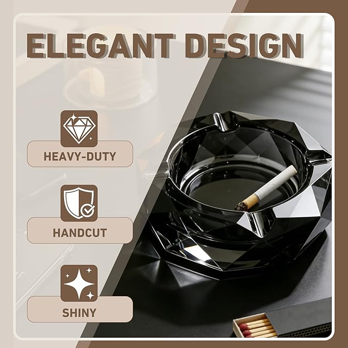 Coomin 5.9in Bigger Crystal Glass Ash Tray, Sparkly Cigarettes Cigar Ashtray, Cool Ashtrays for Smokers Indoor Office Home Desktop Tabletop, Gifts for Men, Black