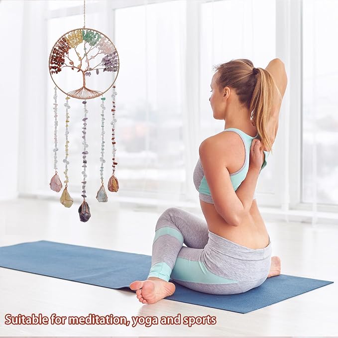 Tree of Life Moon Dreamcatcher - Dreamsum Natural Stones Wind Chimes with Healing Crystal Wall Decor Crystal Dream Catchers Wall Hangings for Room, Garden, Wedding Colorful Hanging Decor Gift