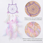 Pretty Jolly Purple Cat Kids Dream Catcher Wall Decor Pompom Feather Baby Dreamcatcher Handmade Children Dream Catcher Home Décor Wall Hanging for Nursery Bedroom Boys Girls Birthday Gift-25.6in