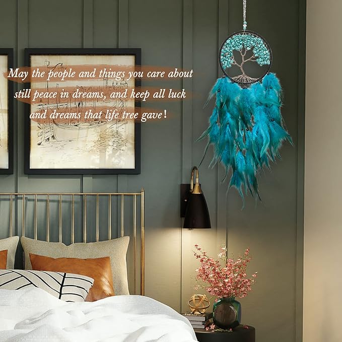 Pretty Jolly Aqua Blue Tree of Life Dream Catcher Wall Decor with Healing Crystal Stone Handmade Blue Green Feather Dream Catchers Decoration Wall Hanging Bedroom Room Wedding Party Wish Gift-25.6"