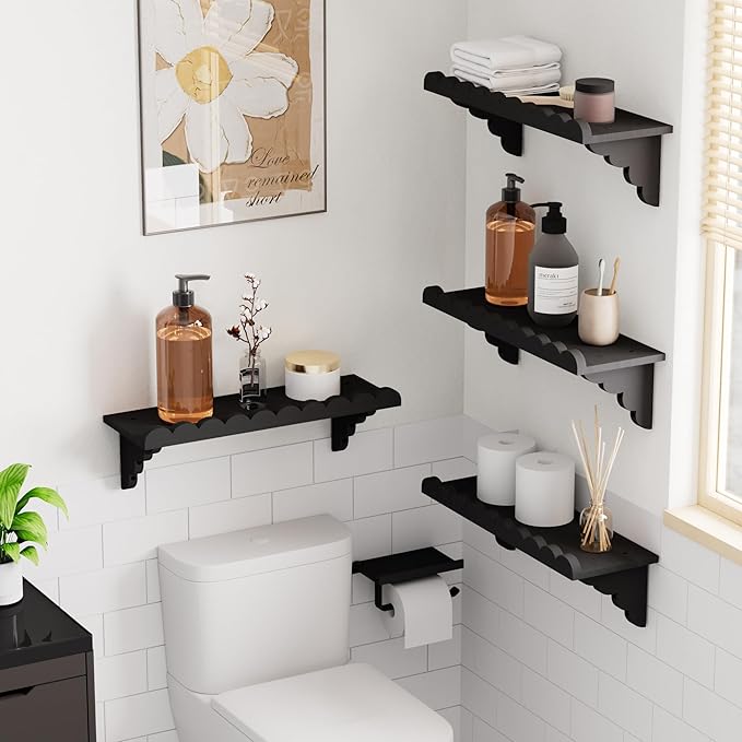 QsQueen Scalloped Wood Wall Shelf – 17 Inch Floating Shelf with Wood Brackets, Easy to Install Rustic Wall Shelf for Living Room, Bedroom, Bathroom, or Any Space, Black Shelves