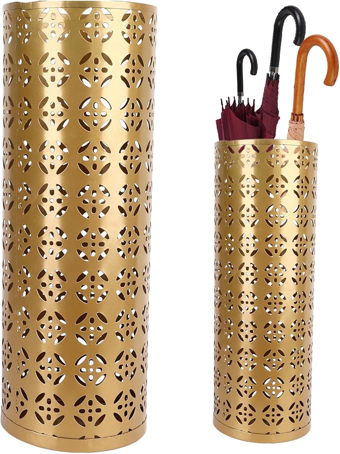Umbrella Stand, Umbrella Holder for Entryway, Round Proof Hollow Metal Umbrella Holder Bin for Home Entryway (Gold)