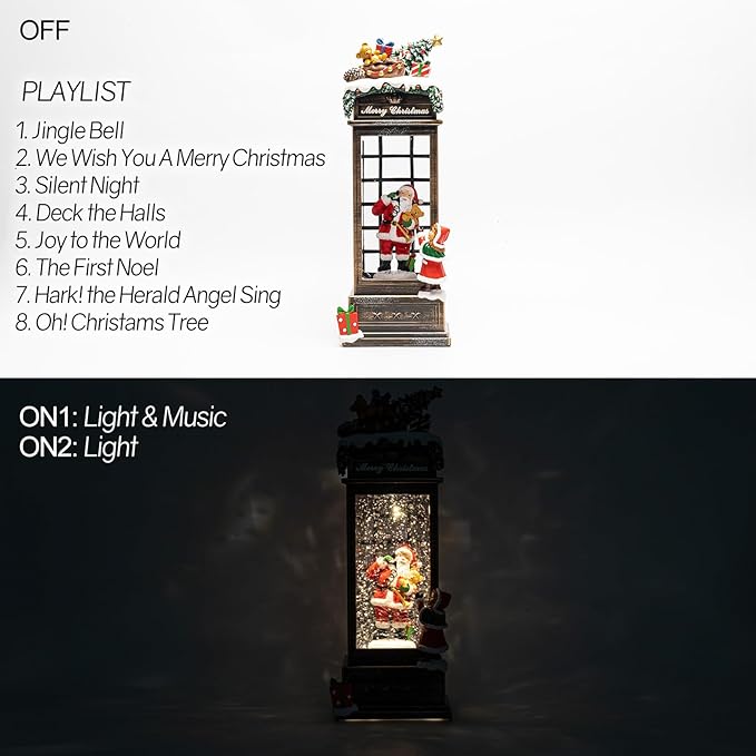 10" Christmas Snow Globe Lantern with Santa in Telephone Booth - Water Swirling Glitter Musical Box with Exterior Decor - Vintage Xmas Gifts - USB Plug or Battery Operated Home Decor (Santa Calling)