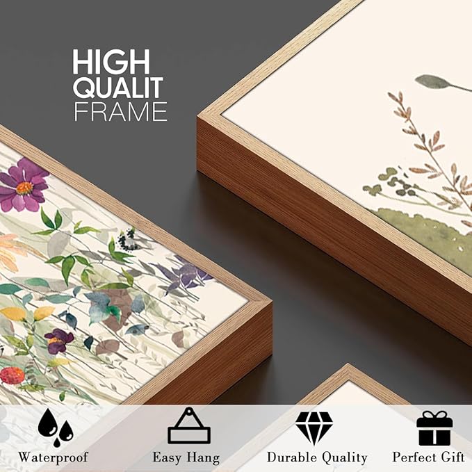 BINCUE Wildflower Wall Art Large Floral Wall Painting Neutral Print Pictures Framed Flower Wall Decor Wildflower Artwork Flowers Pictures Floral Art Prints for Living Room Bedroom Bathroom Farmhouse 24x36 Inches Set of 3 Gift