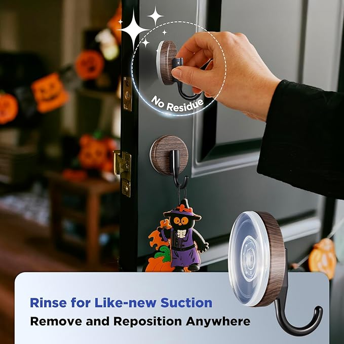 OUTXE Wreath Hanger for Front Door, Upgraded Suction Cup Reef Hook for Glass Window/Over Door, Christmas/Thanksgiving/Halloween/July 4th/Easter/Valentine/Spring/Summer/Fall (Walnut, 2-Pack)