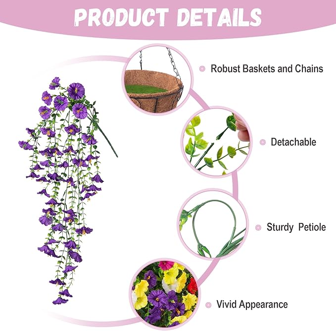 Artificial Flowers with Hanging Basket, Outdoor Faux Plants Silk Morning Glory Vines, Fake Petunias for Garden Patio Spring Summer Decor, Mixed Color