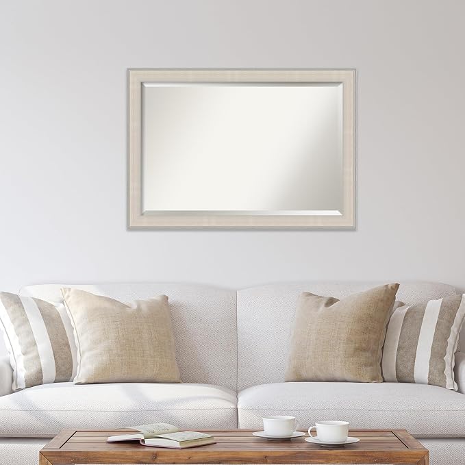 Amanti Art White Wall Mirror 28x40 Cottage White Silver Rectangle Bathroom Mirror for Wall Decor Living Room, Large Cottage Wood Frame, Hangs Horizonally and Vertically, Bathroom Decor, Beveled Edge