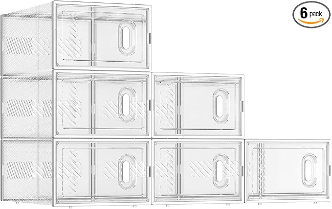 BALEINE 6 Pack Stackable Shoe Storage Boxes Fit Size 9, Thickened Clear Shoe Box Bins with Lids, Plastic Foldable Shoe Rack Organizer Sneaker Storage Containers (Large, White)