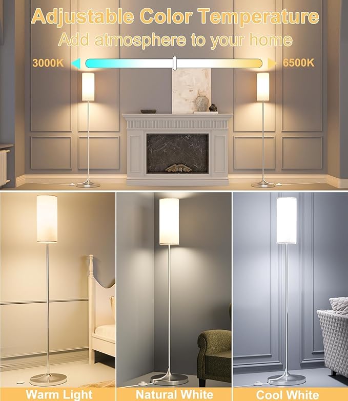 luckystyle LED Floor Lamp for Living Room, Dimmable Standing Lamps with Foot Switch,Remote Custom Color Temperature Silver Pole Lamp with Lampshade,12W Led Bulb Tall Lamps for Bedroom Office Kid Room