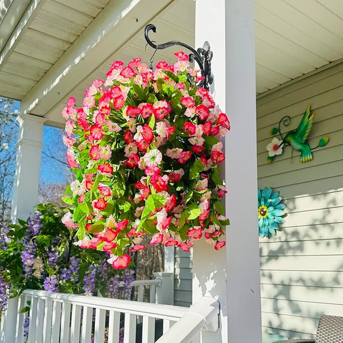 Artificial Flowers with Hanging Basket, Outdoor Faux Plants Silk Morning Glory Vines, Fake Green Arrangement for Garden Patio Spring Summer Decor (Pink)