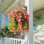 Artificial Flowers with Hanging Basket, Outdoor Faux Plants Silk Morning Glory Vines, Fake Green Arrangement for Garden Patio Spring Summer Decor (Pink)