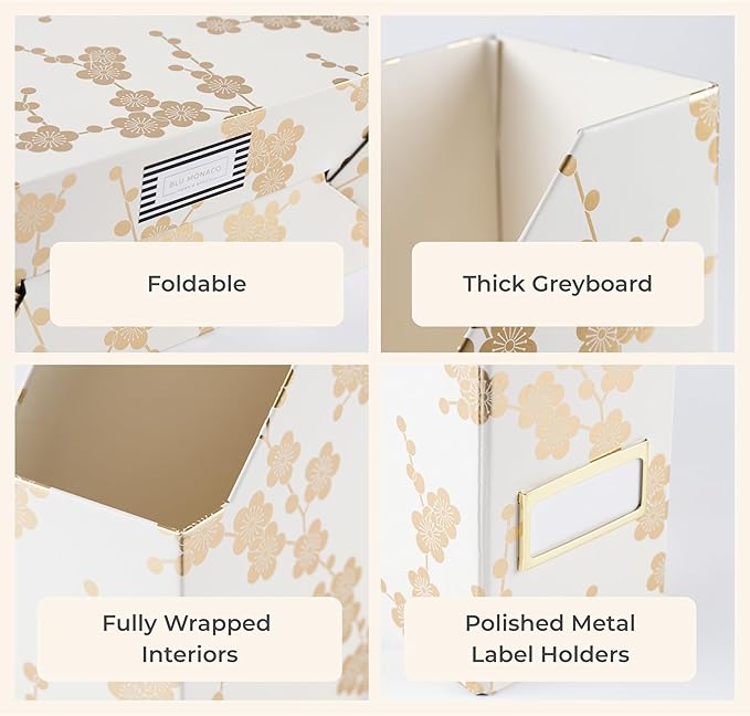 BLU MONACO | Set of 4 Foldable Magazine Storage Boxes with Gold Floral Pattern | Decorative Vertical File Organizers with Gold Label Holders for Desk, Shelves & Home Office