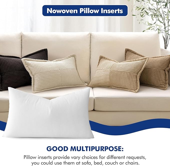 MIULEE Pillow Insert 12x20 Inch, Decorative Rectangle Throw Pillow Insert, Premium Fluffy Pillow Forms Stuffer for Sofa Couch Living Room (Pack of 2)