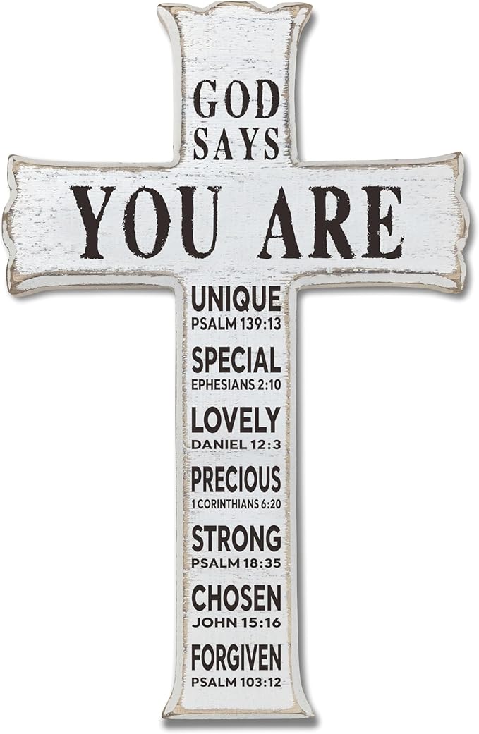 VZVCTFS God Says You Are Wooden Cross - 6.5x10 Inch Inspirational Bible Verse Wooden Hanging Signs Easter Decor for Home Office Church Baptism - Christian Gifts for Men Women（White）- A09